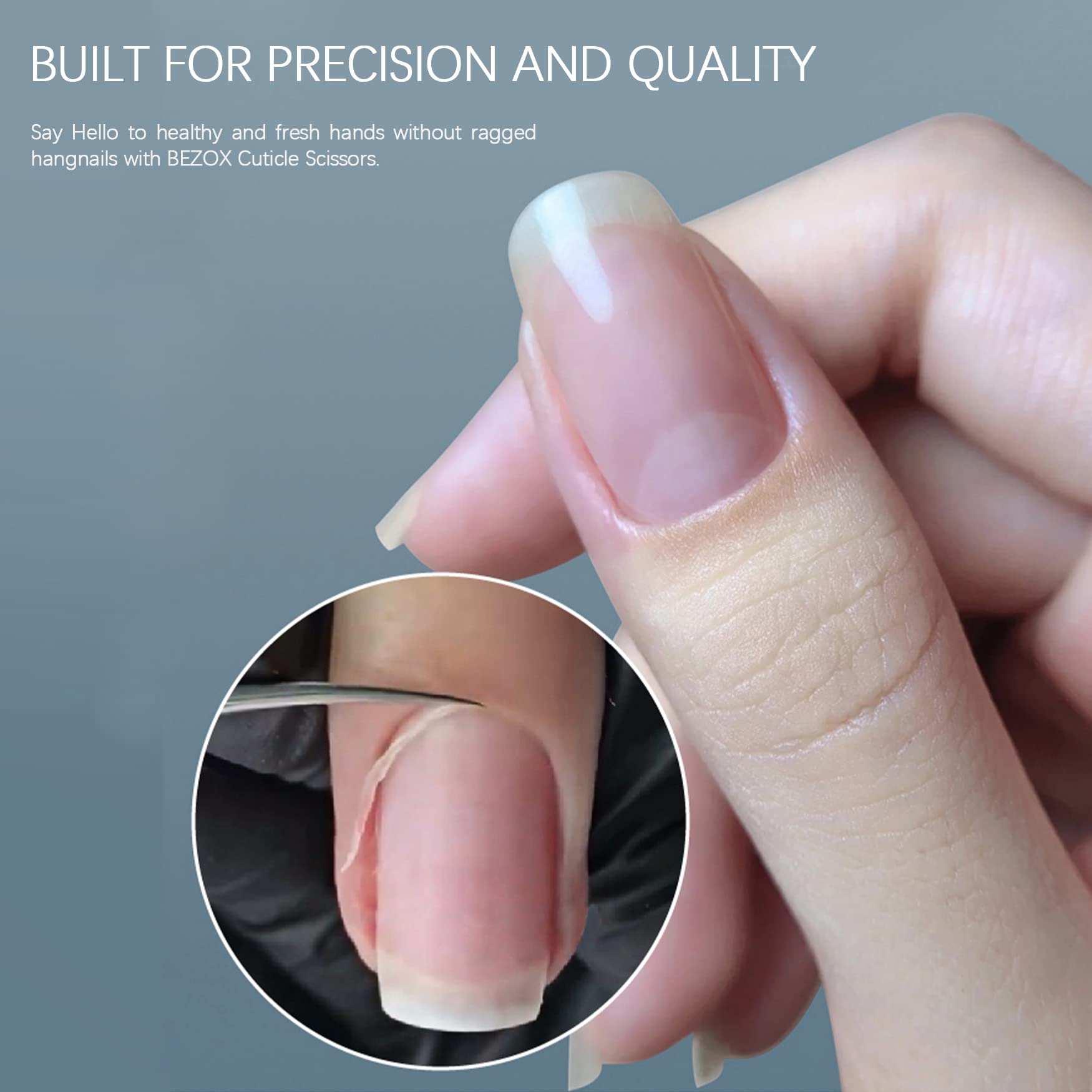 The packaging and full profile of the one piece BEZOX professional cuticle grooming tool.