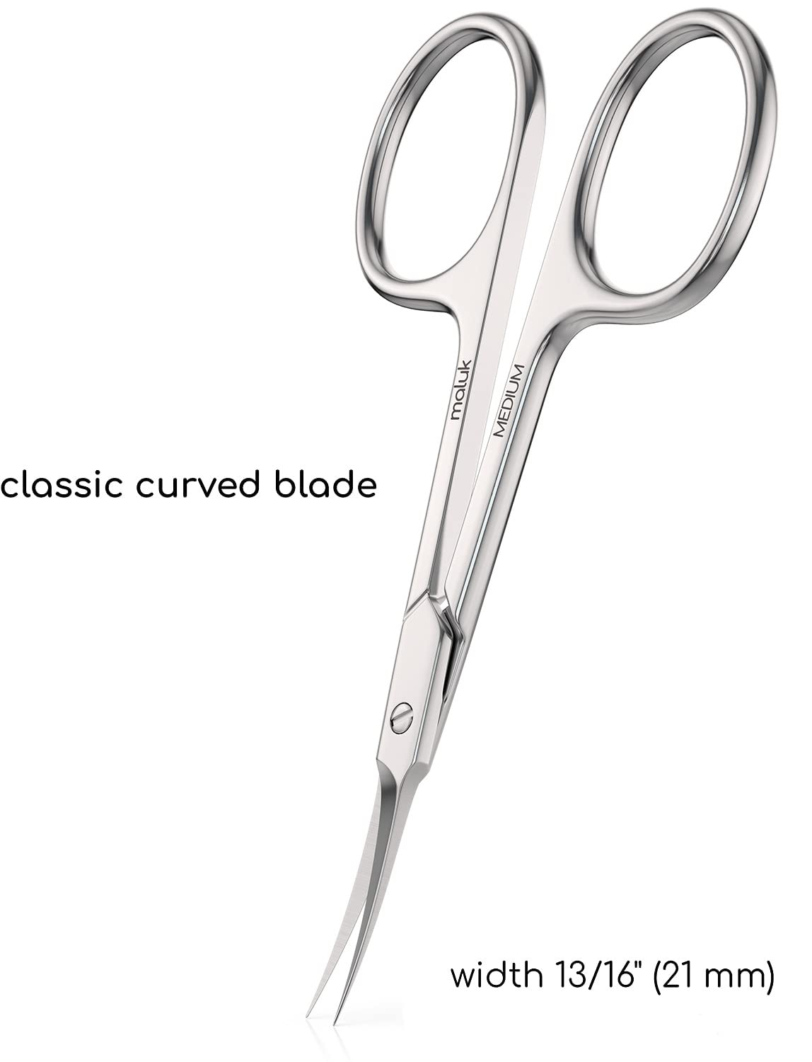 Maluk manicure scissors close up on the extra fine curved cutting edges.