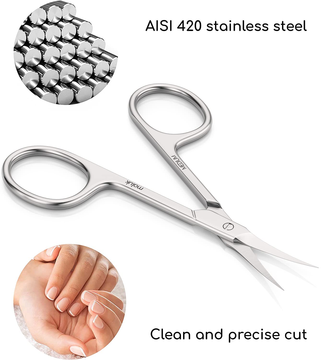 Maluk stainless steel cuticle trimmer showing the ergonomic standard finger holes.