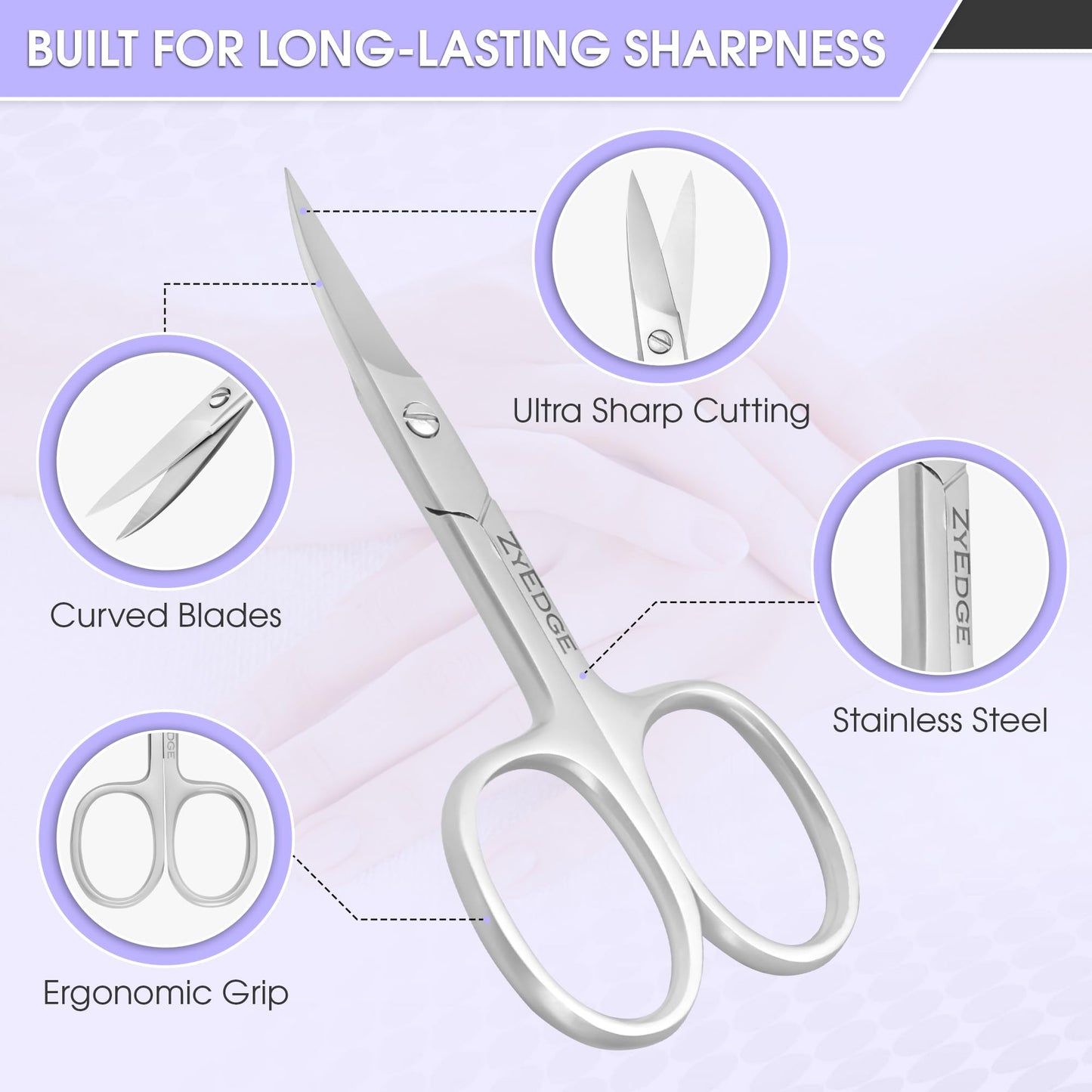 EM Beauty professional cuticle scissors displaying extra fine curved tips for precision manicure.