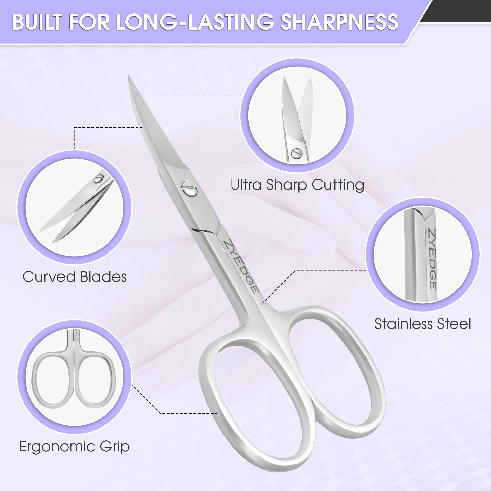 EM Beauty professional cuticle scissors displaying extra fine curved tips for precision manicure.