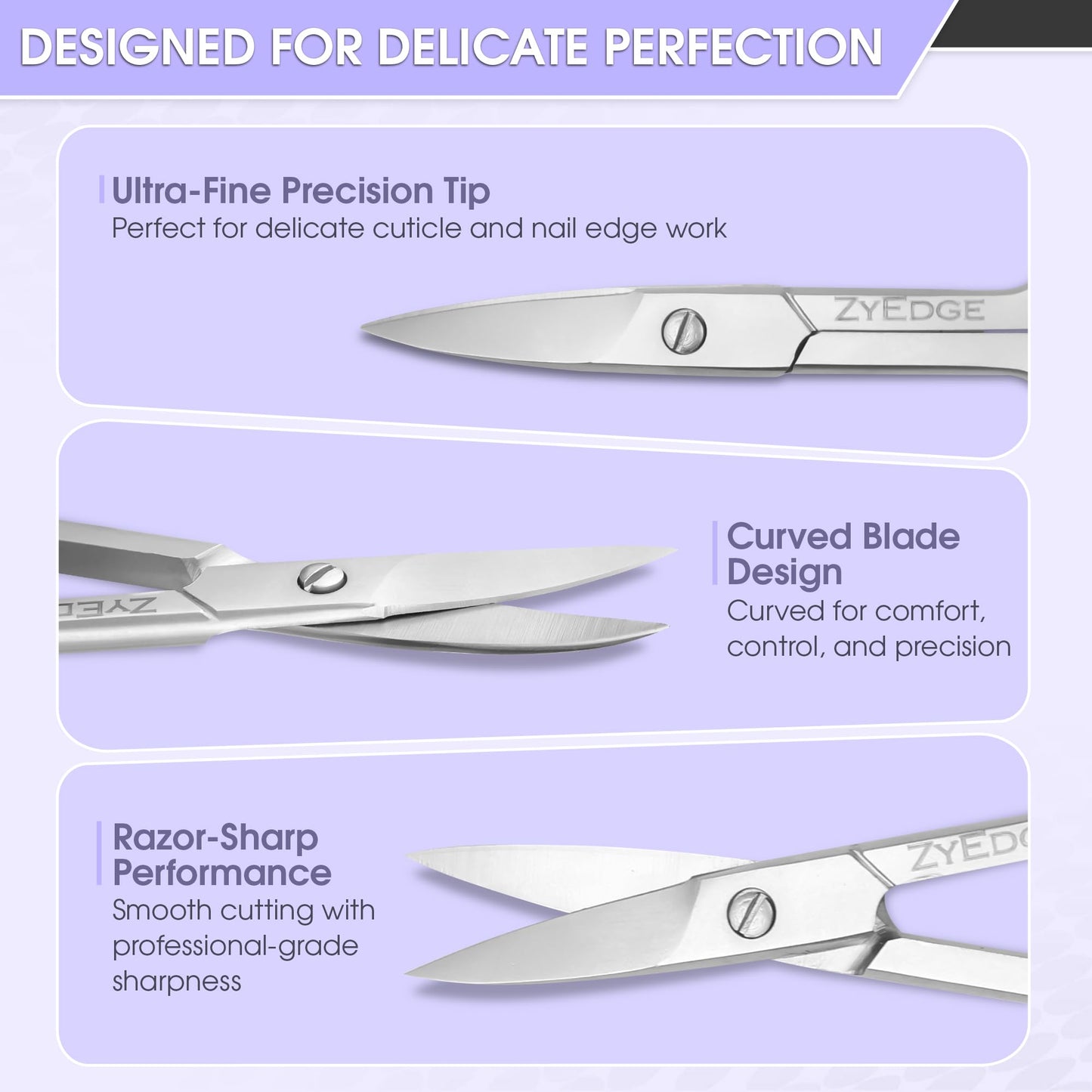 EM Beauty 3.5 inch stainless steel manicure scissors alongside the included protective leather case.