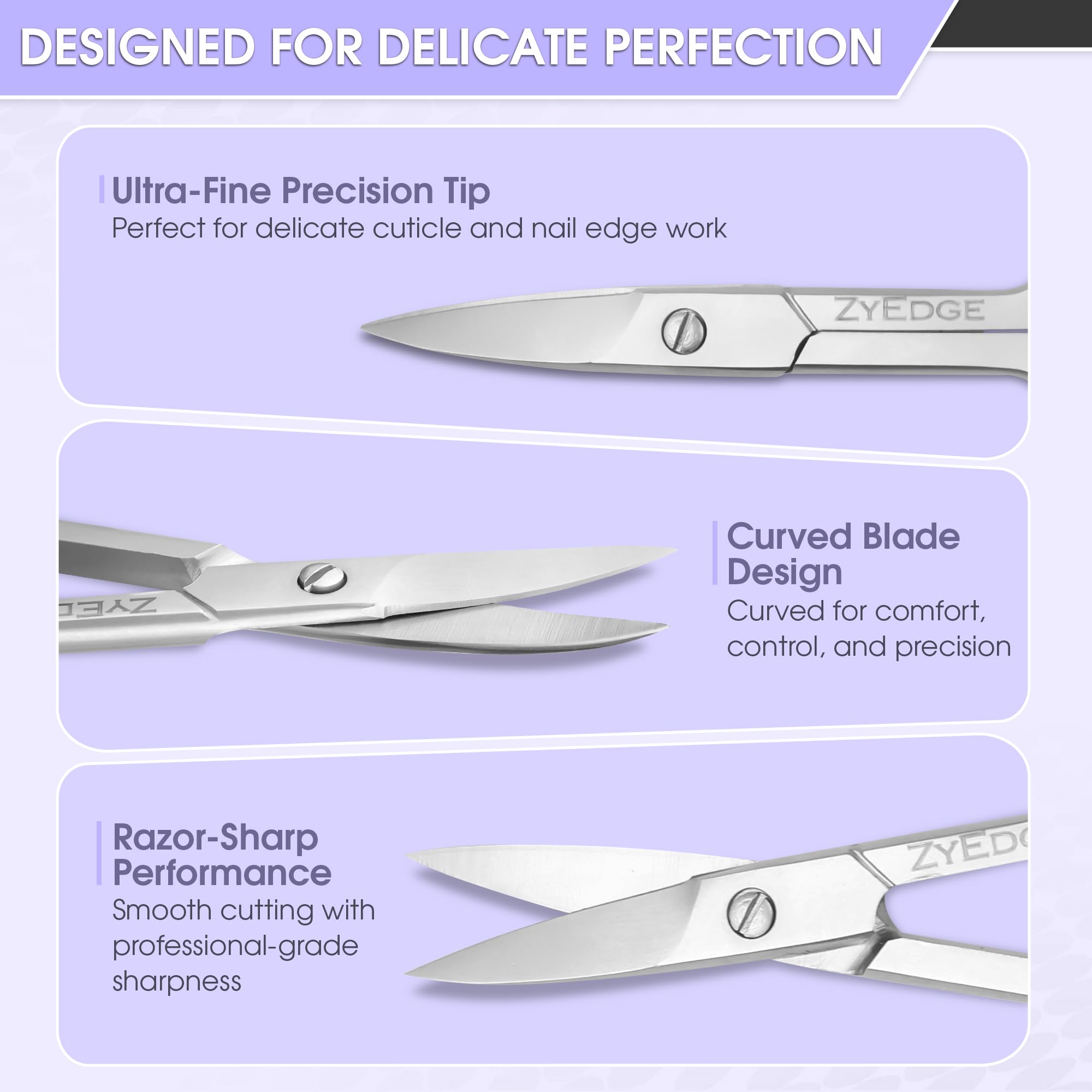 EM Beauty 3.5 inch stainless steel manicure scissors alongside the included protective leather case.
