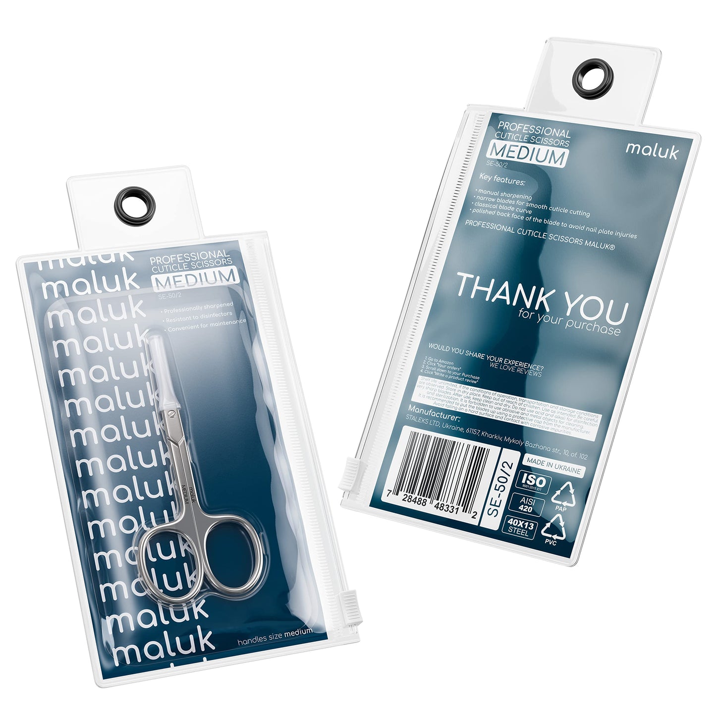 Maluk precision cuticle nipping scissors in professional packaging.