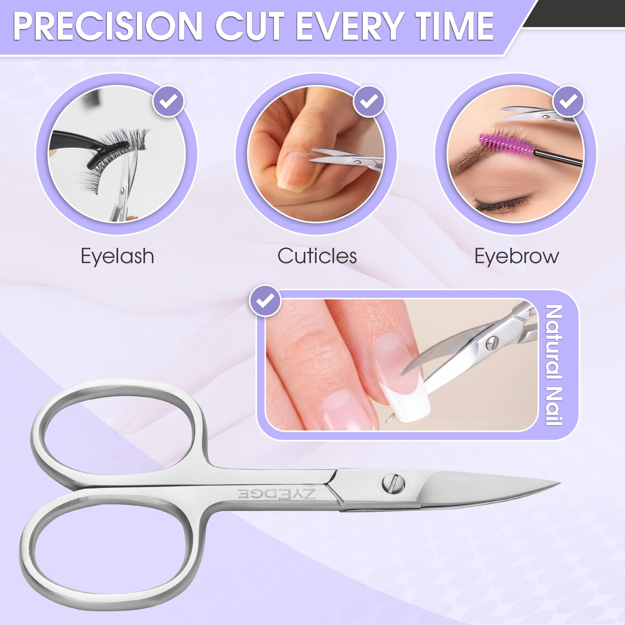 Close up view of the ergonomic handle and sharp blades on the EM Beauty personal care scissors.