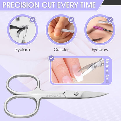Close up view of the ergonomic handle and sharp blades on the EM Beauty personal care scissors.