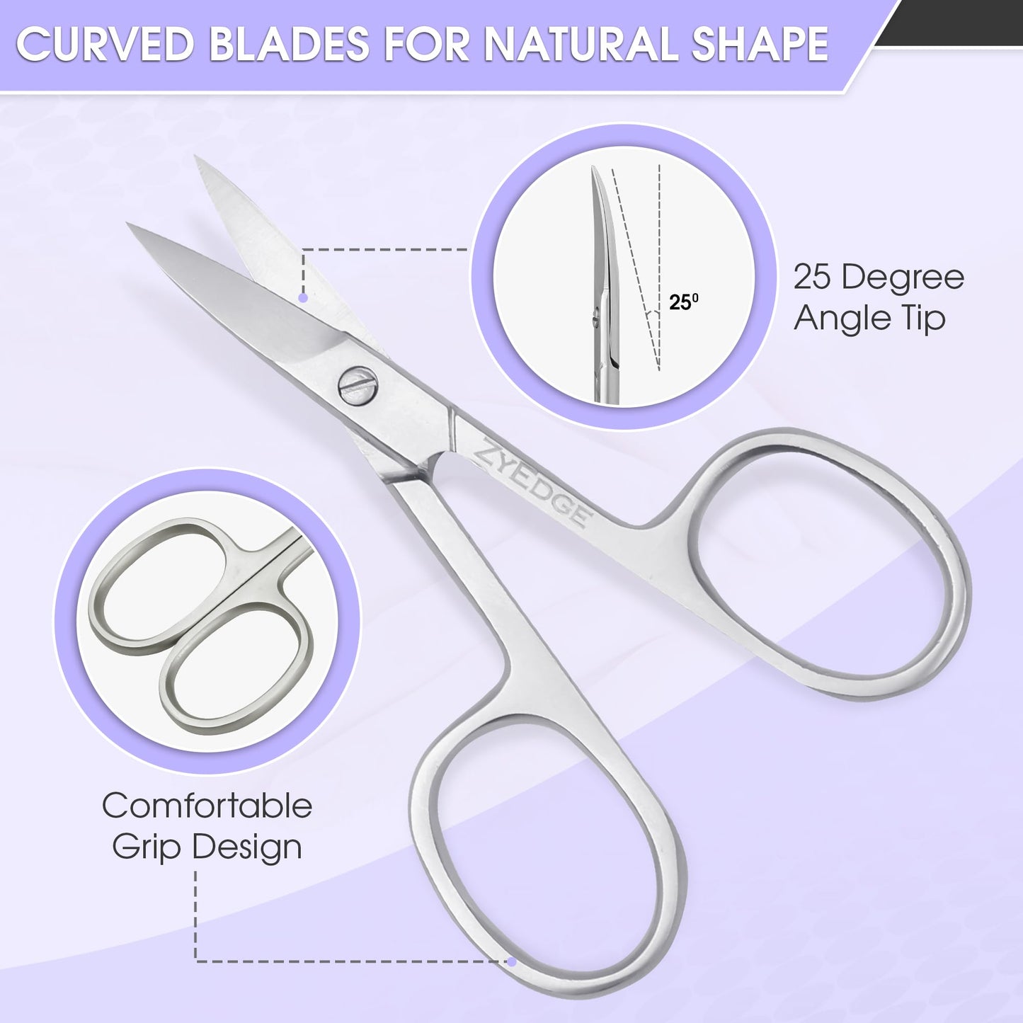 Side view of EM Beauty rust proof stainless steel scissors illustrating the specialized curved blade design.