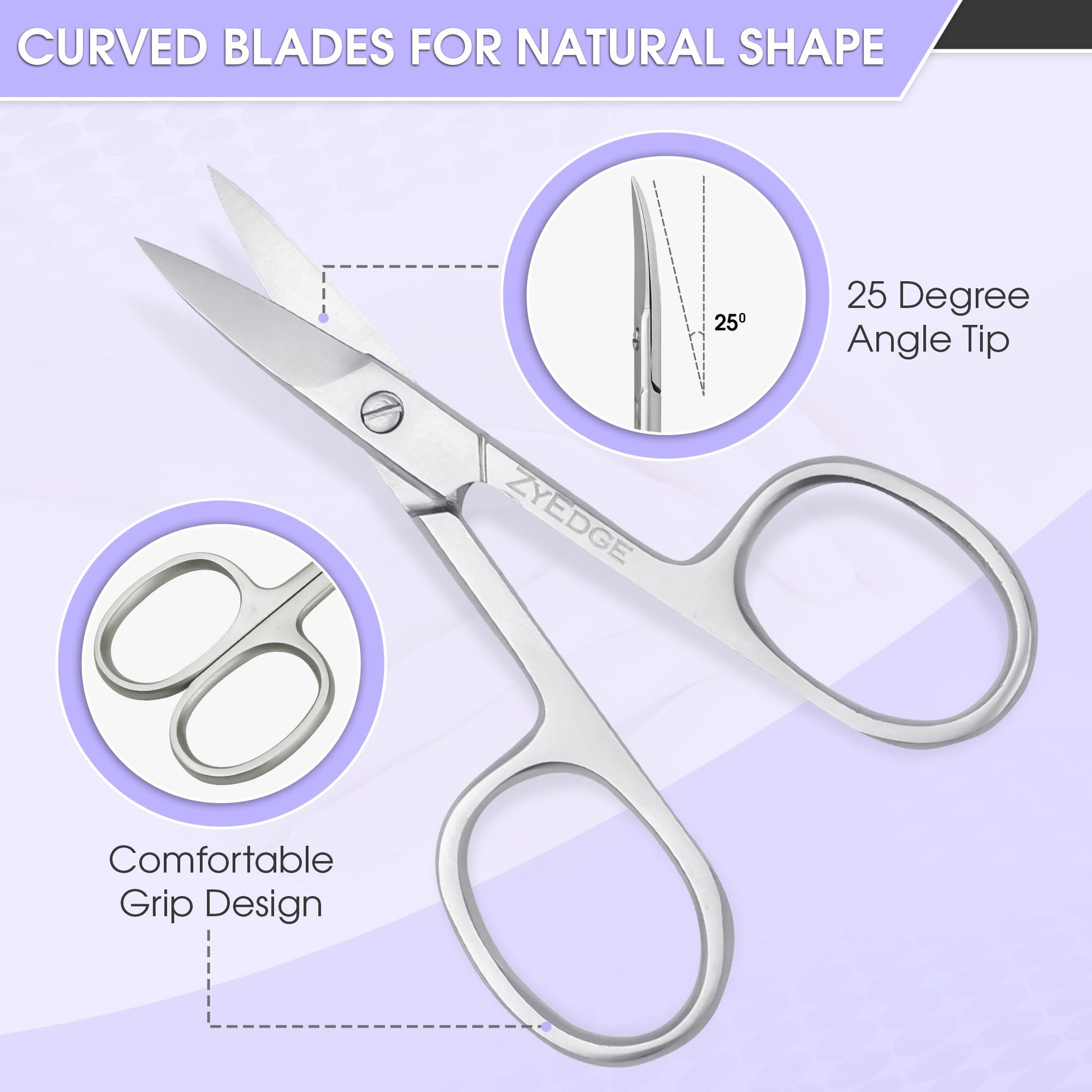 Side view of EM Beauty rust proof stainless steel scissors illustrating the specialized curved blade design.