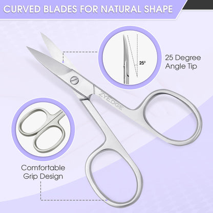 Side view of EM Beauty rust proof stainless steel scissors illustrating the specialized curved blade design.
