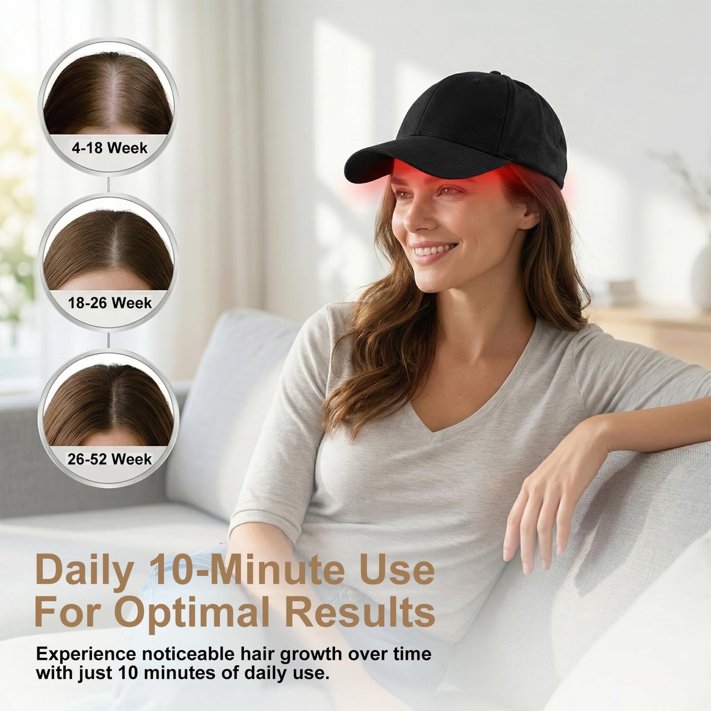 User demonstrating portable red light therapy cap at home