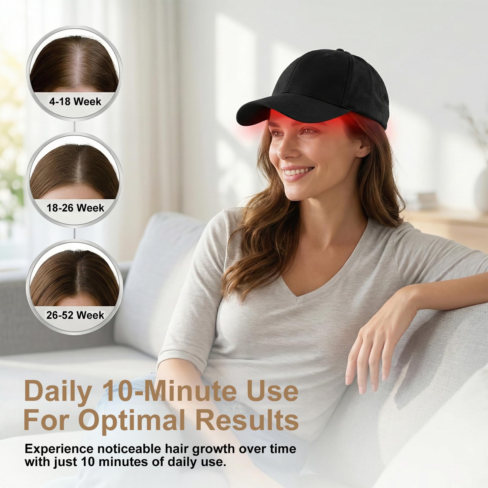 User demonstrating portable red light therapy cap at home