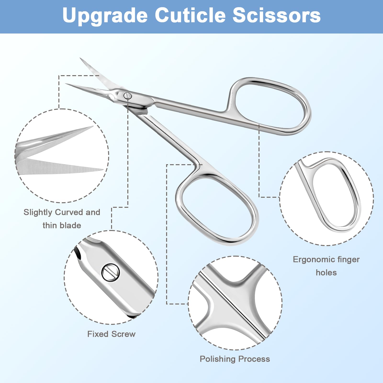 Close up view of the 0.78 inch ultra fine upward curved sharp tip on the Lermende cuticle trimmer.