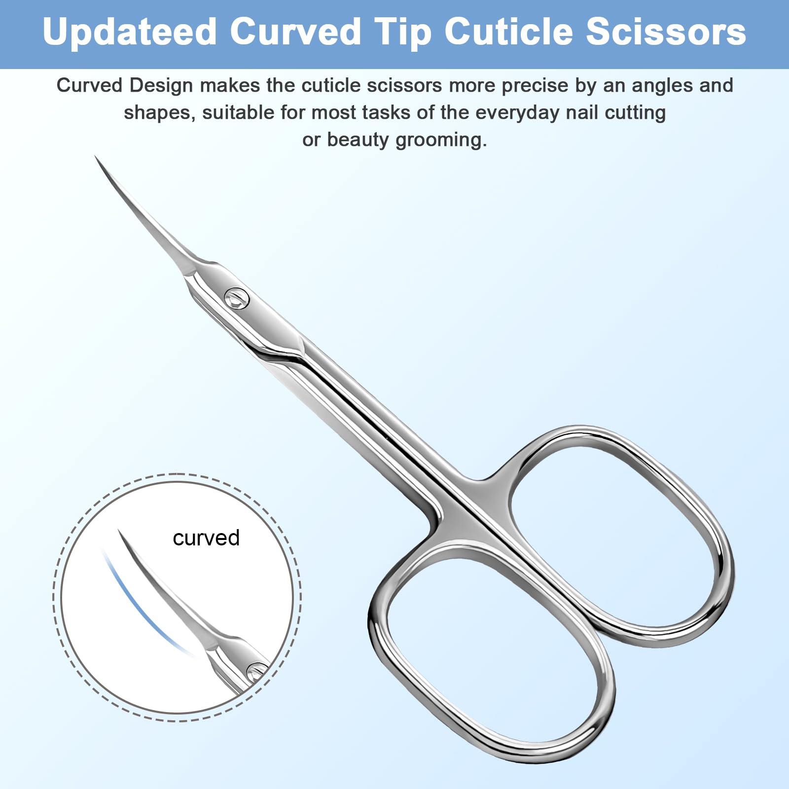Lermende professional manicure scissors showing the wide rounded finger holes for ambidextrous grip comfort.