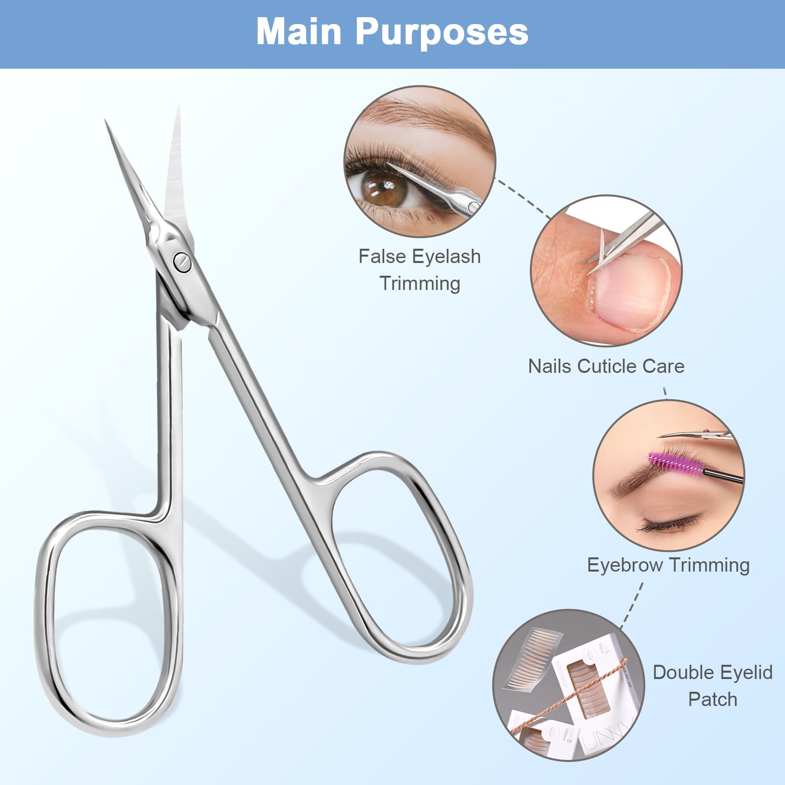 Lermende silver stainless steel beauty scissors being used to precisely shape eyebrows and trim eyelashes.
