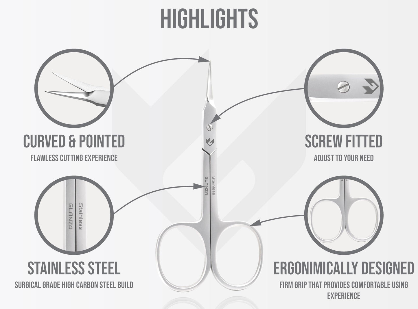 Ergonomic cuticle trimmer scissors with wide finger loops for secure grip.