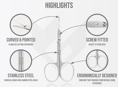 Ergonomic cuticle trimmer scissors with wide finger loops for secure grip.