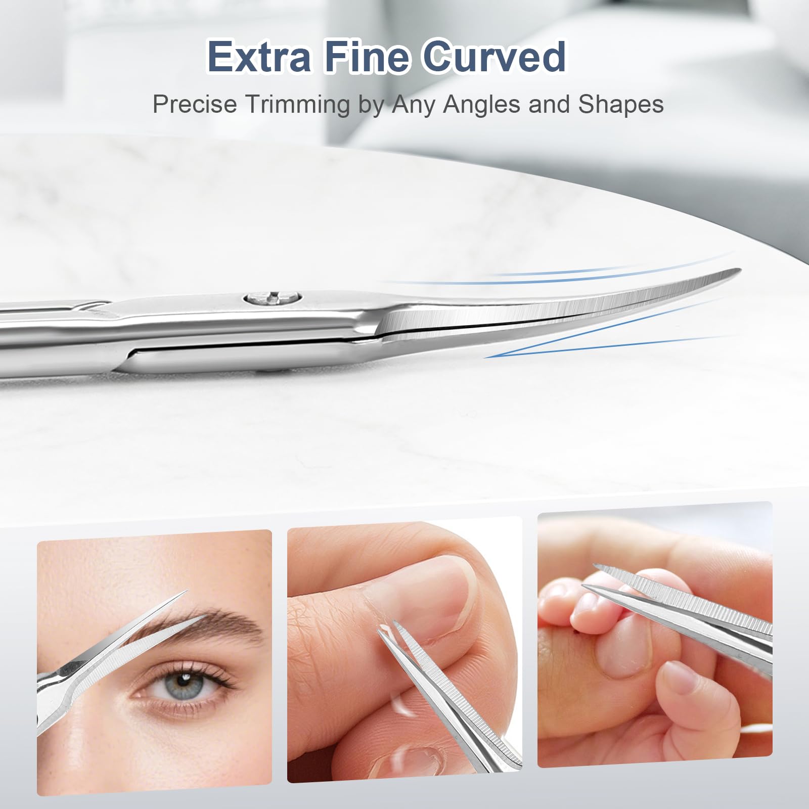 ESVIENS stainless steel curved nail scissors displayed alongside the included premium black leather protective sheath.