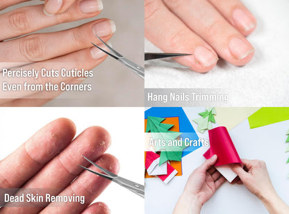 High carbon stainless steel cuticle cutter with protective silicone tip on the blades.