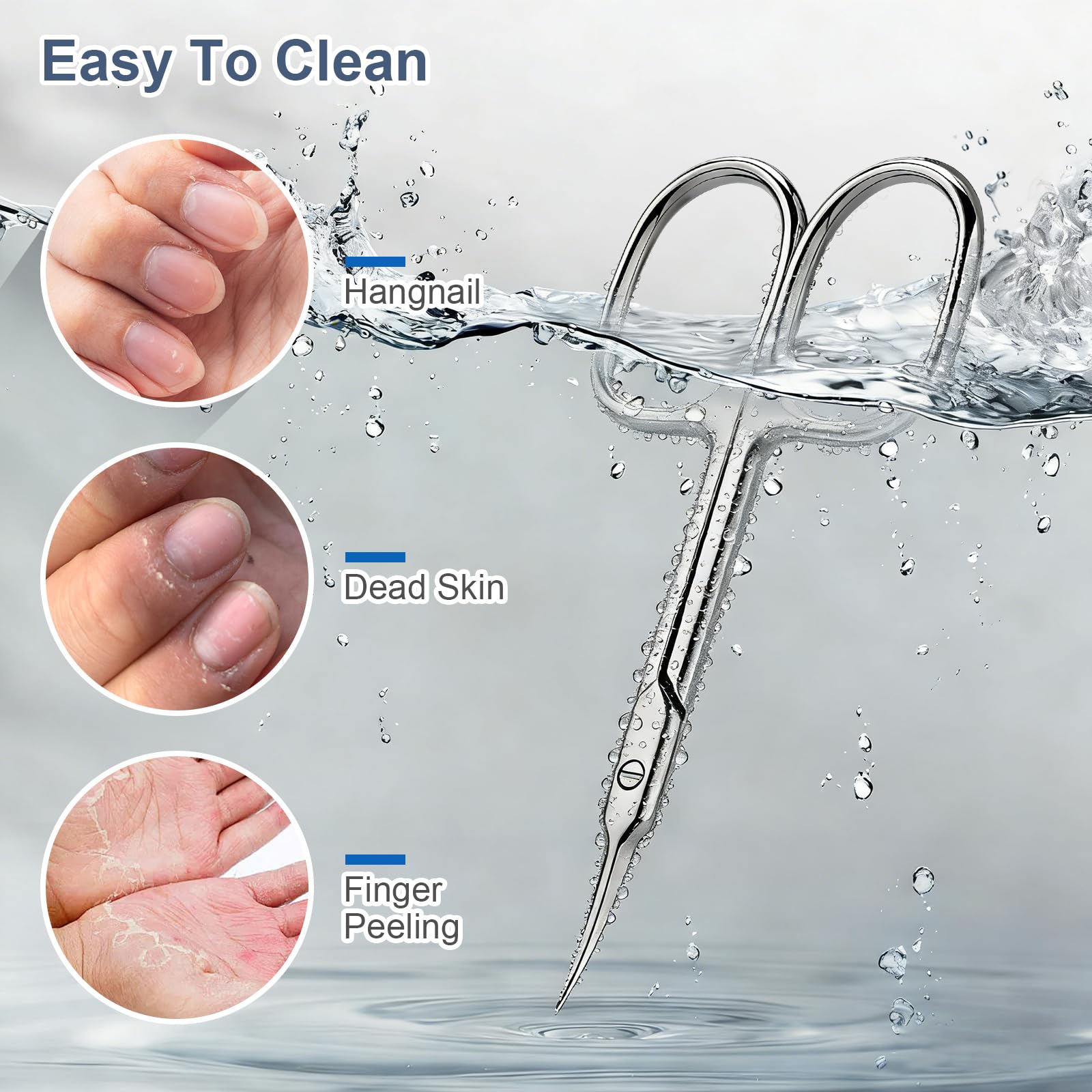 Ergonomic handle layout of the ESVIENS silver small manicure scissors demonstrating comfort and control.