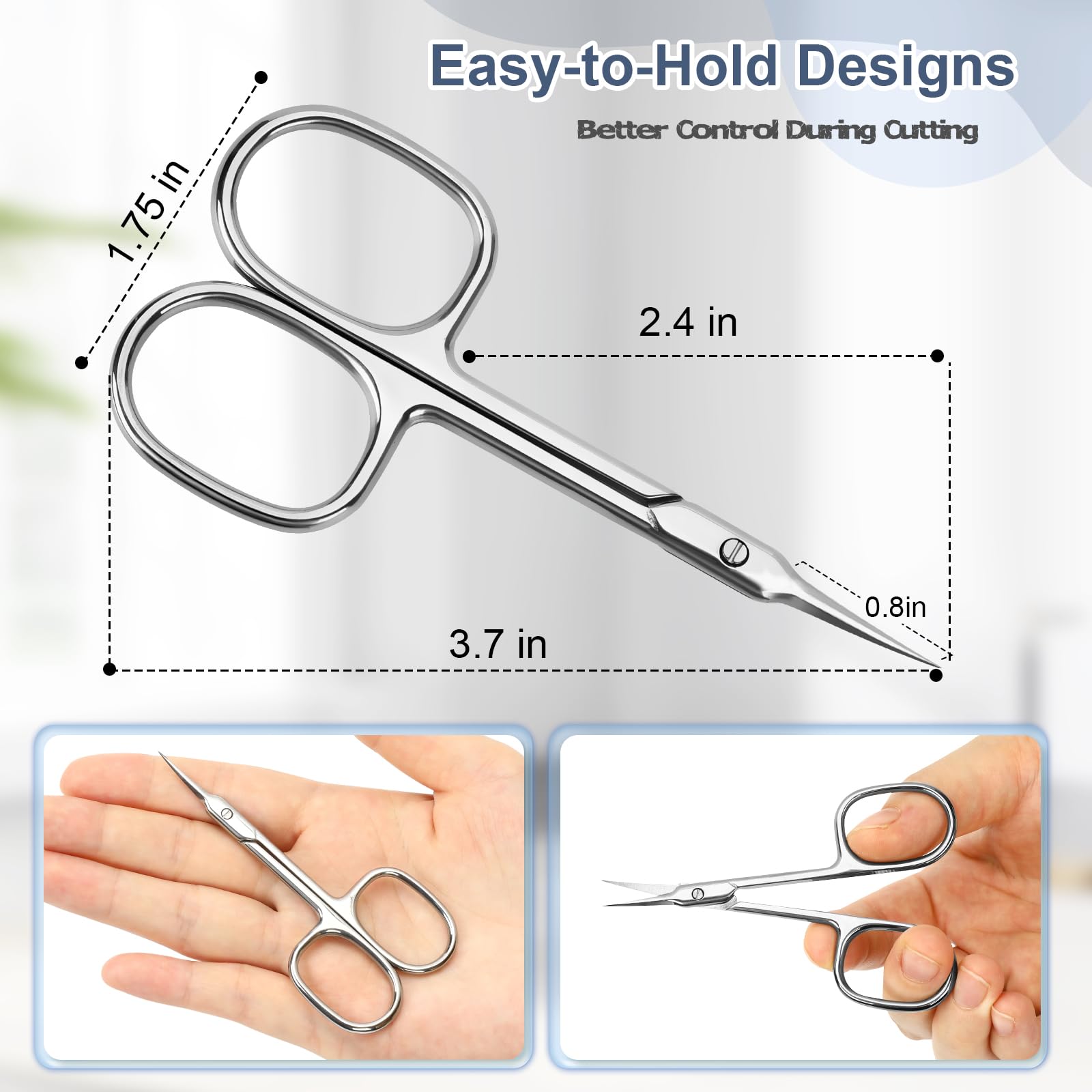 ESVIENS multipurpose beauty scissors being used to accurately trim cuticles and shape delicate eyebrow hairs.