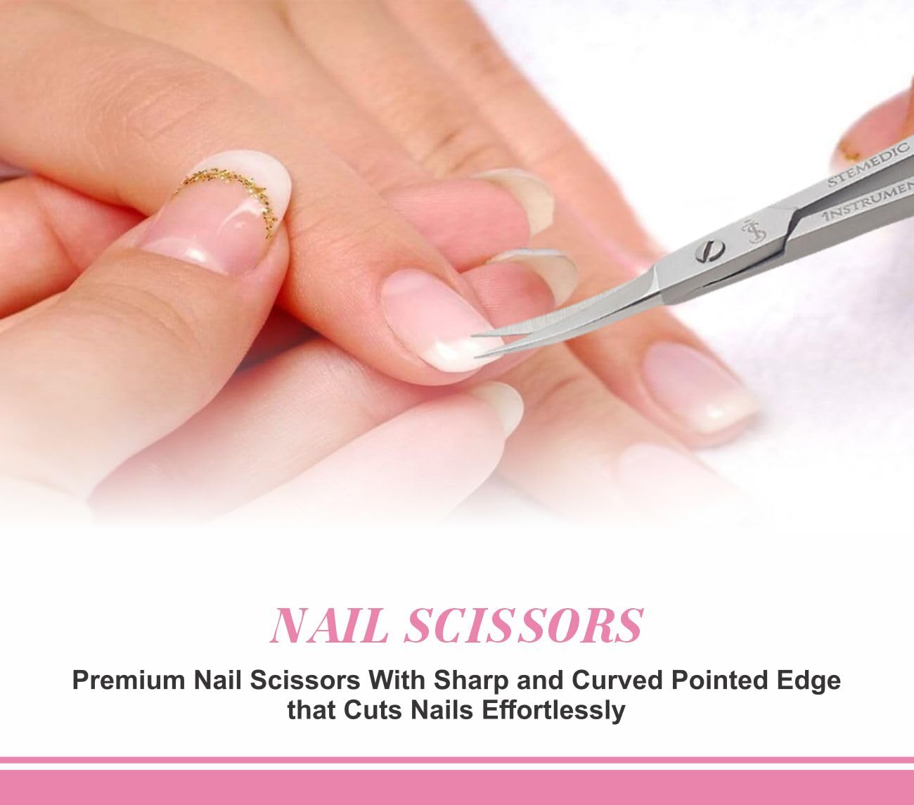 Stainless steel cuticle trimming scissors showing the precise curved blade