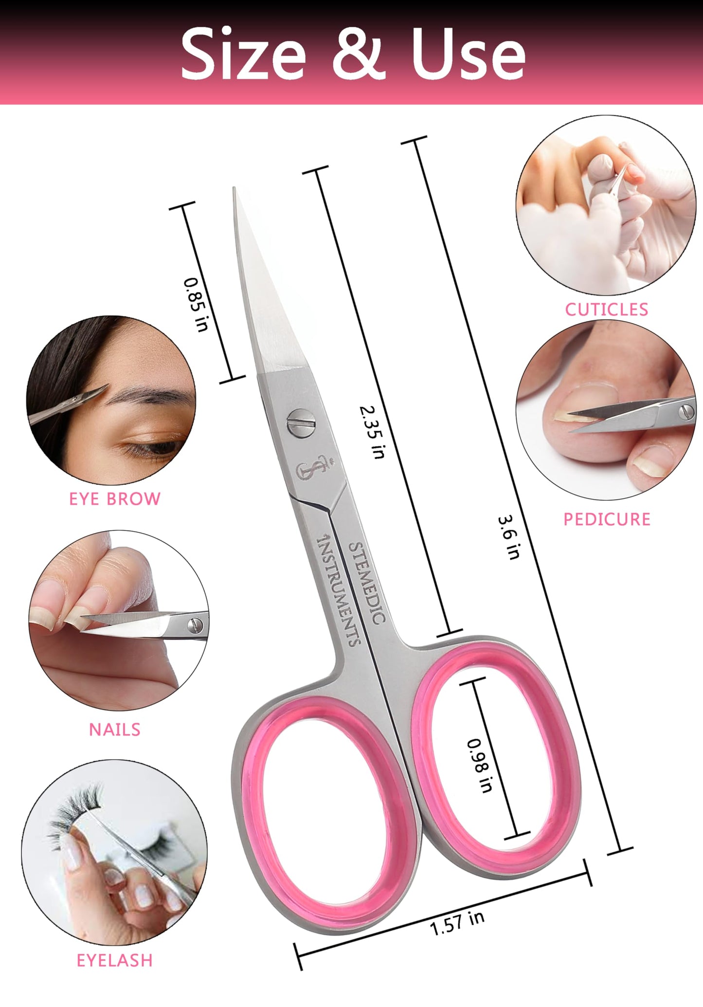 Small facial hair scissors with pink finger rings for enhanced grip comfort
