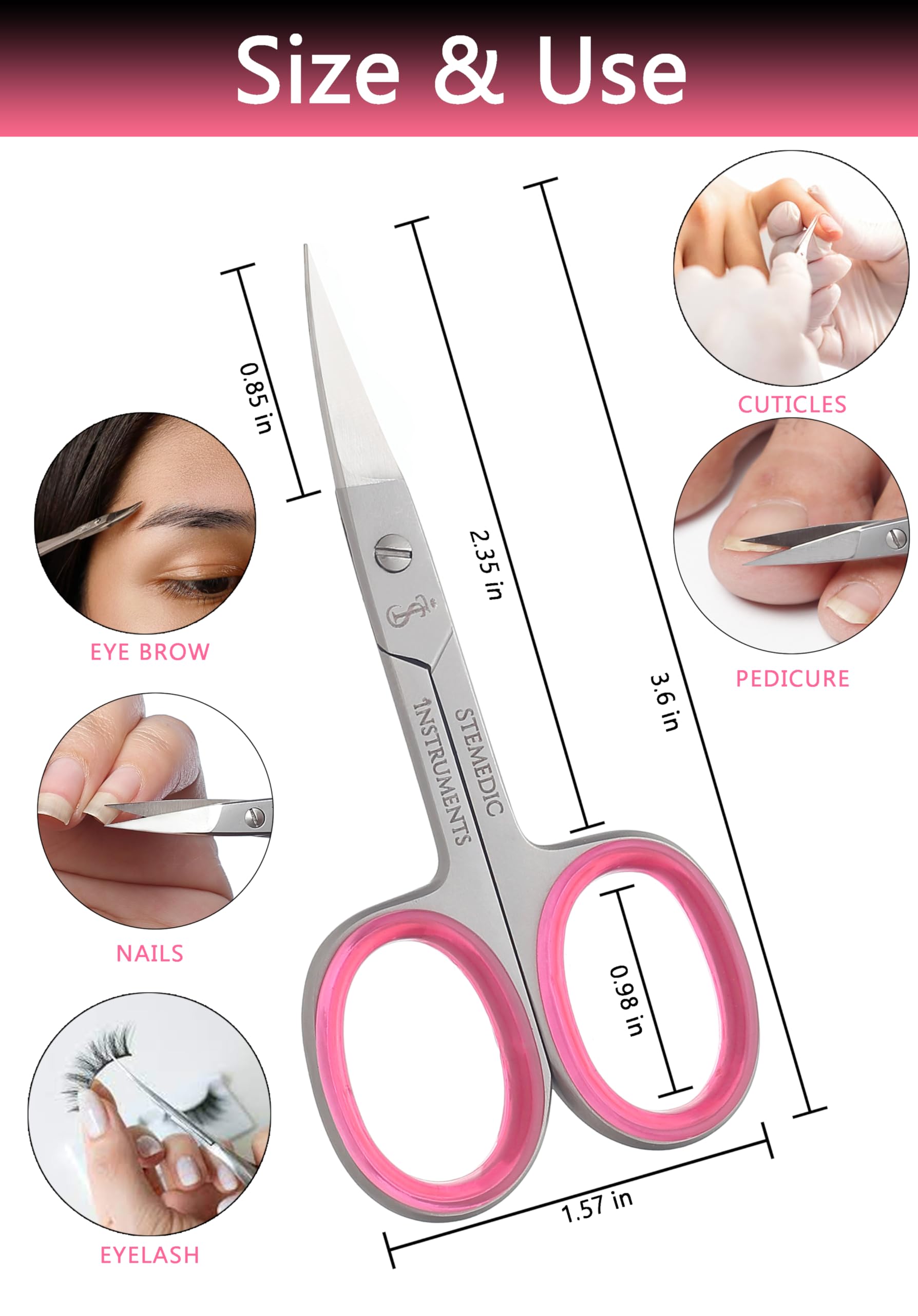 Small facial hair scissors with pink finger rings for enhanced grip comfort