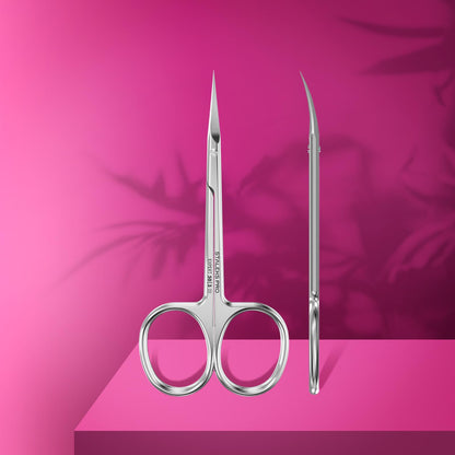 Ergonomic straight handles and robust bolt connection of STALEKS stainless steel cuticle scissors.
