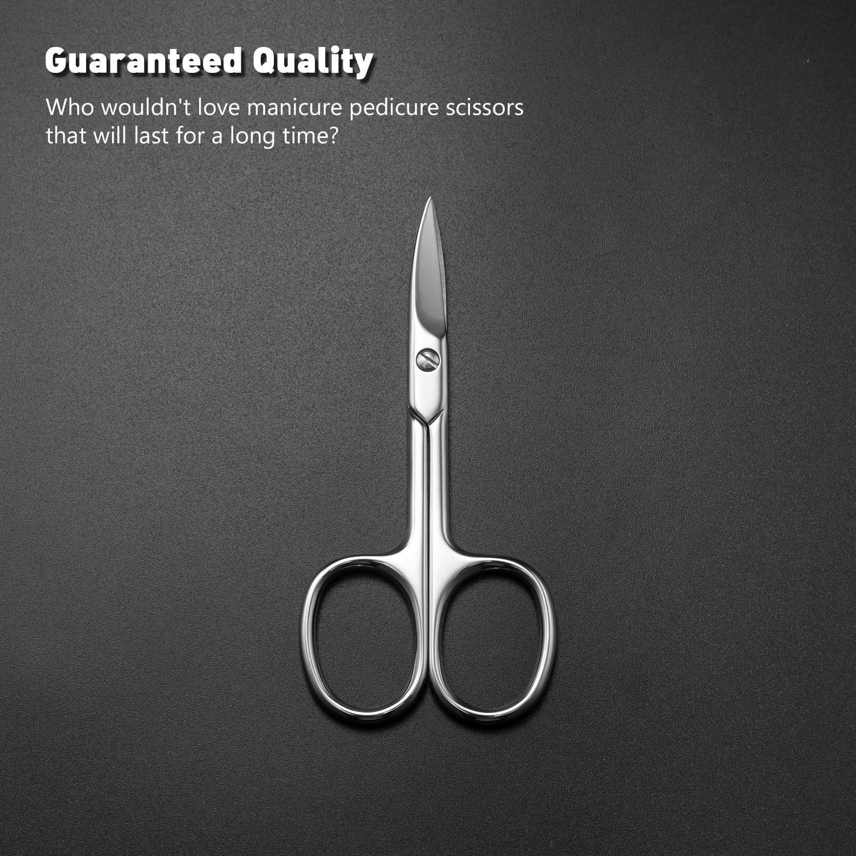 Close-up view of the extra fine curved blades on the premium manicure scissors.