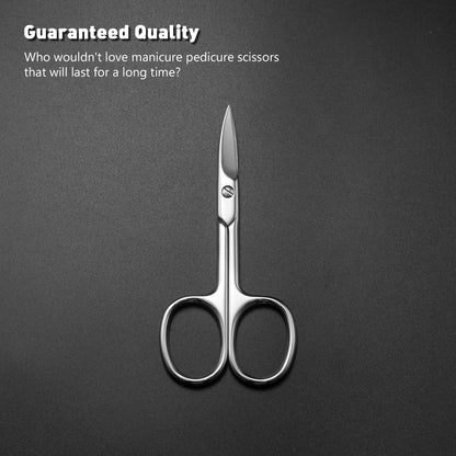 Close-up view of the extra fine curved blades on the premium manicure scissors.