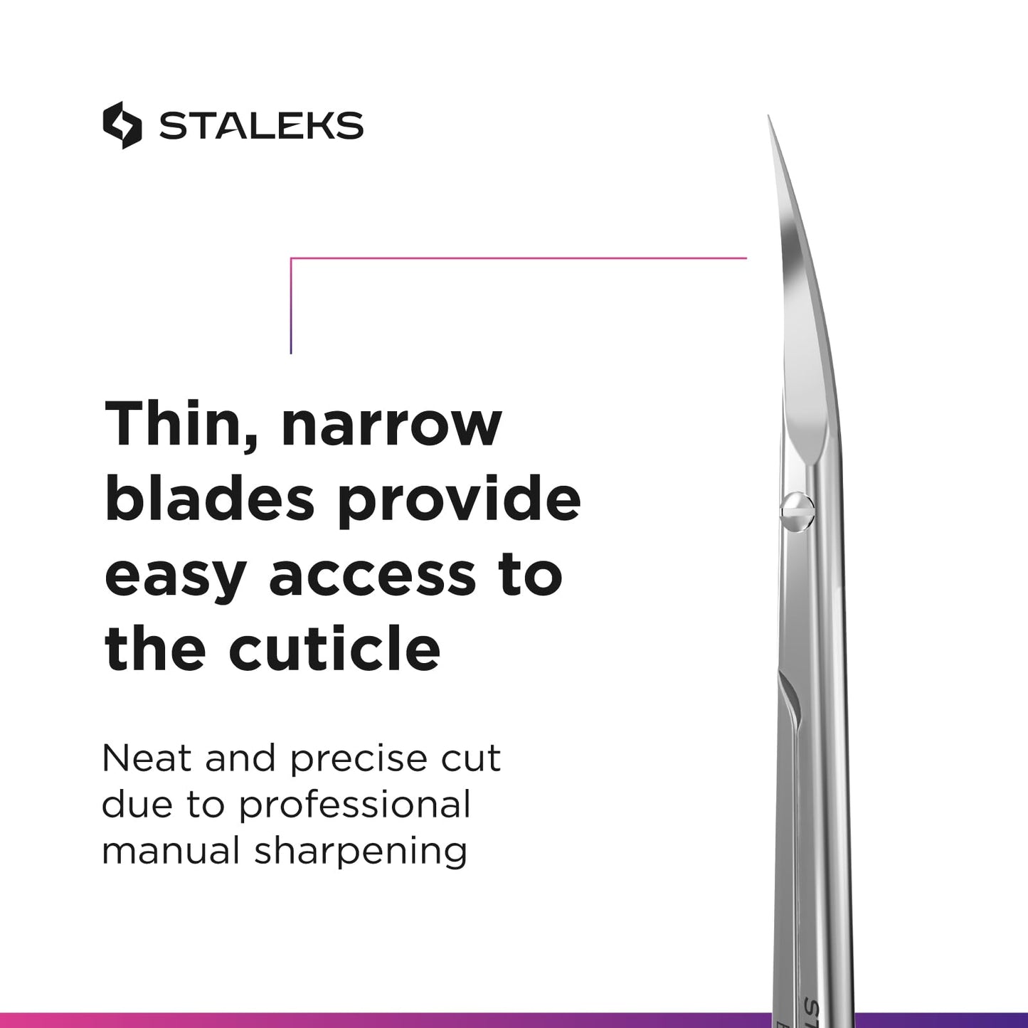Side profile perspective highlighting the slight blade bend of STALEKS expert series manicuring scissors.