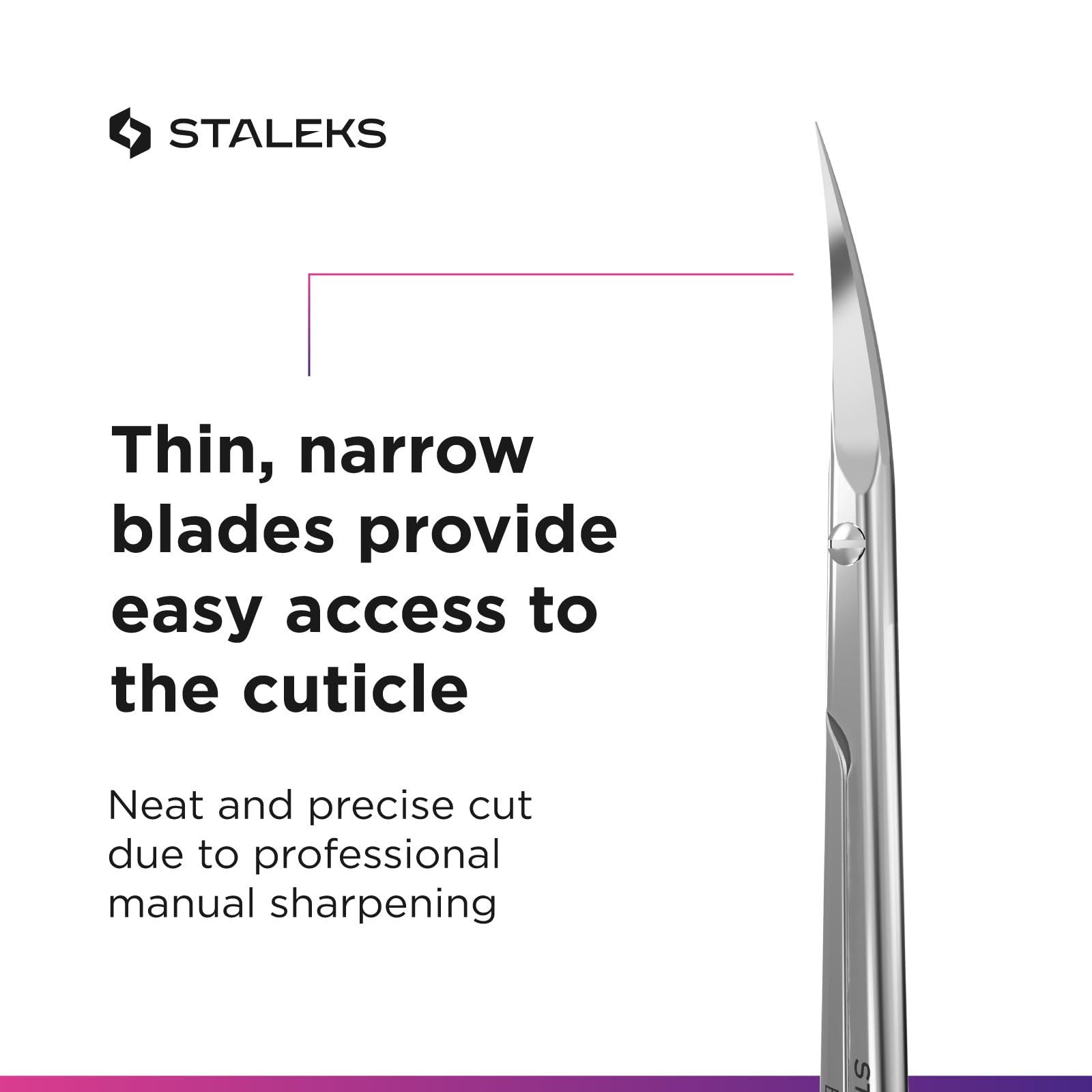Side profile perspective highlighting the slight blade bend of STALEKS expert series manicuring scissors.