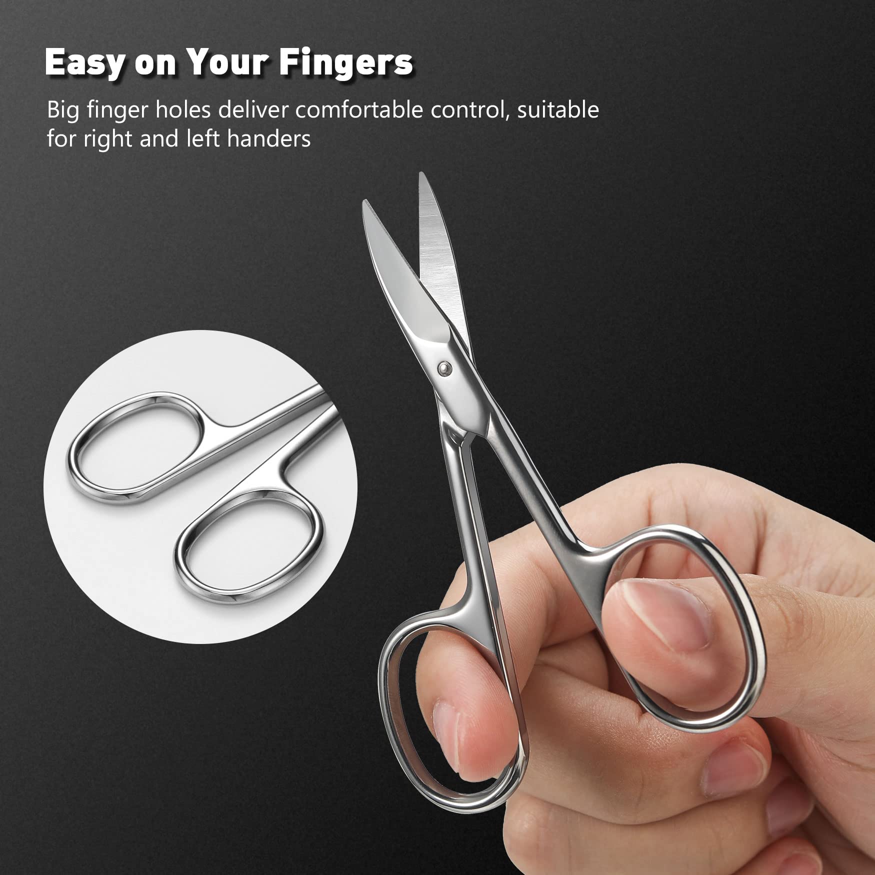 Multi-purpose cuticle trimming and eyebrow shaping using the fine pointed scissor tips.