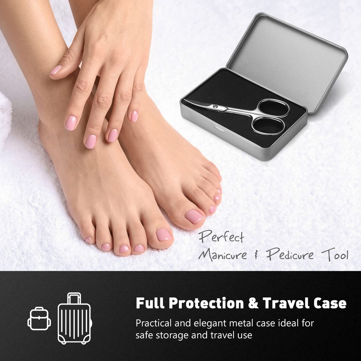 BEZOX professional nail scissors displayed next to the included black travel carrying case.