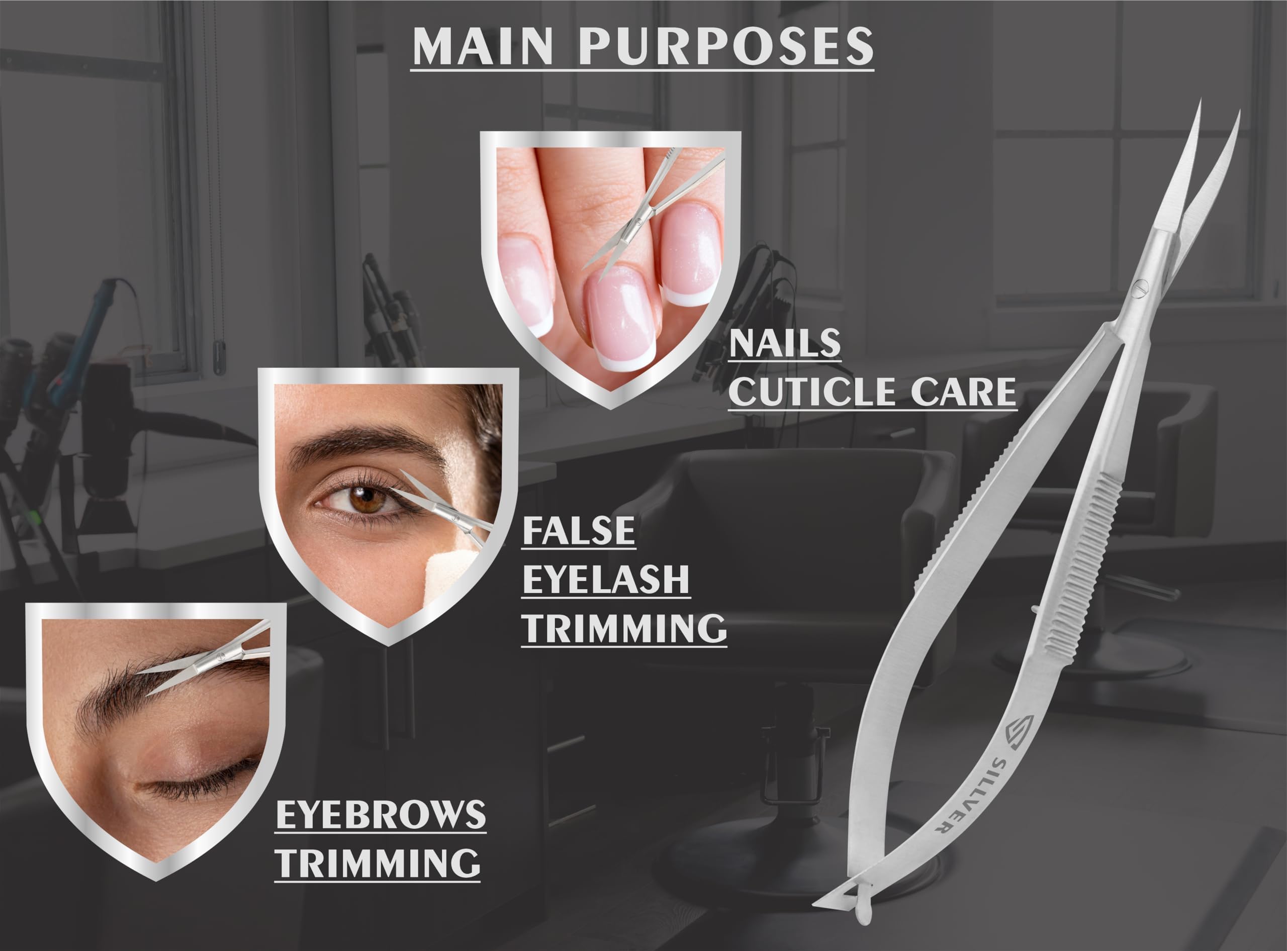 SILLVER professional manicure scissors showing the precision spring mechanism and ergonomic handle design.