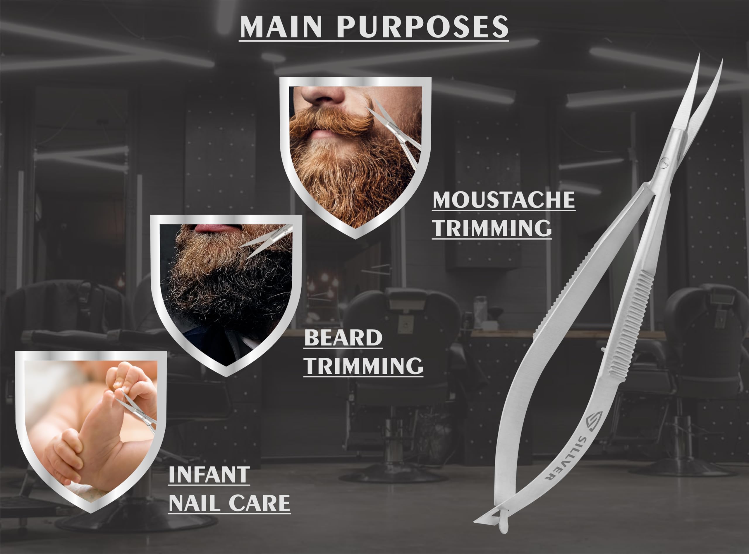 SILLVER curved beauty scissors detailing the ultra sharp precise pointed tip for eyebrow grooming.
