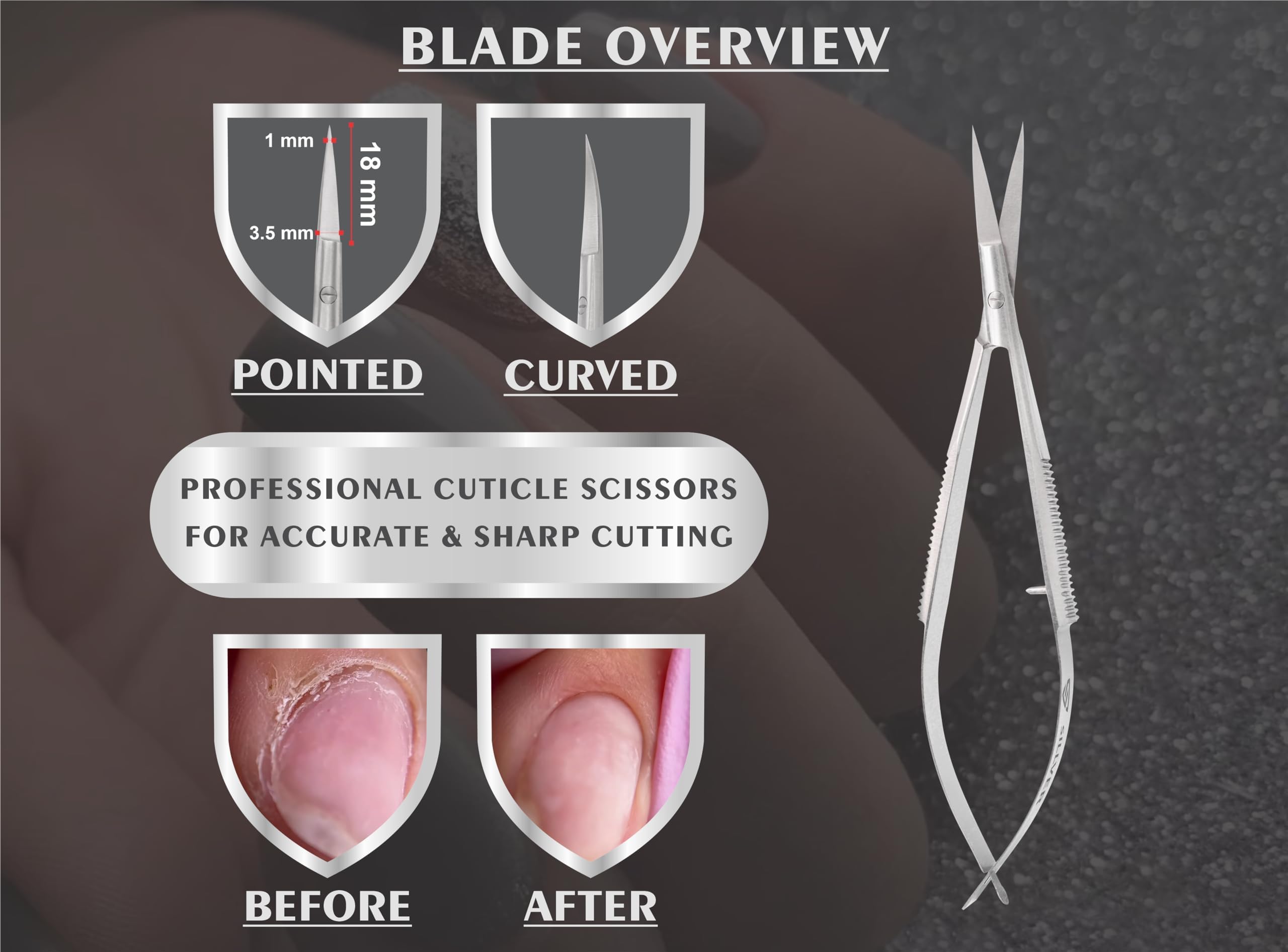 Close up of the extra fine curved blades of the SILLVER grooming scissors engineered for hangnails.