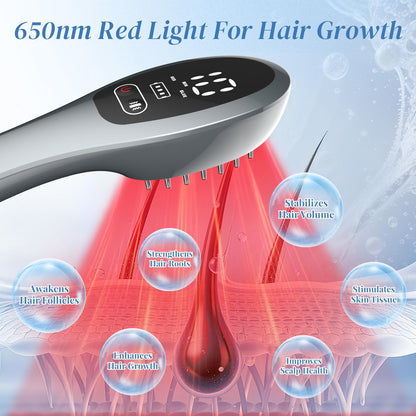 Cordless laser hair growth comb showing the charging port and power buttons on the handle.