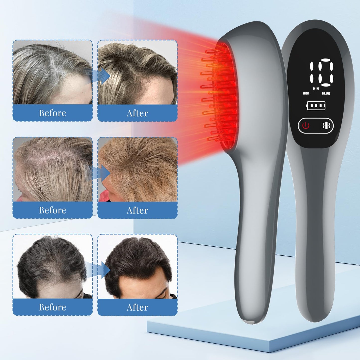 Jitesy hair growth treatment brush being used on the scalp to demonstrate the dual vibration massage feature.