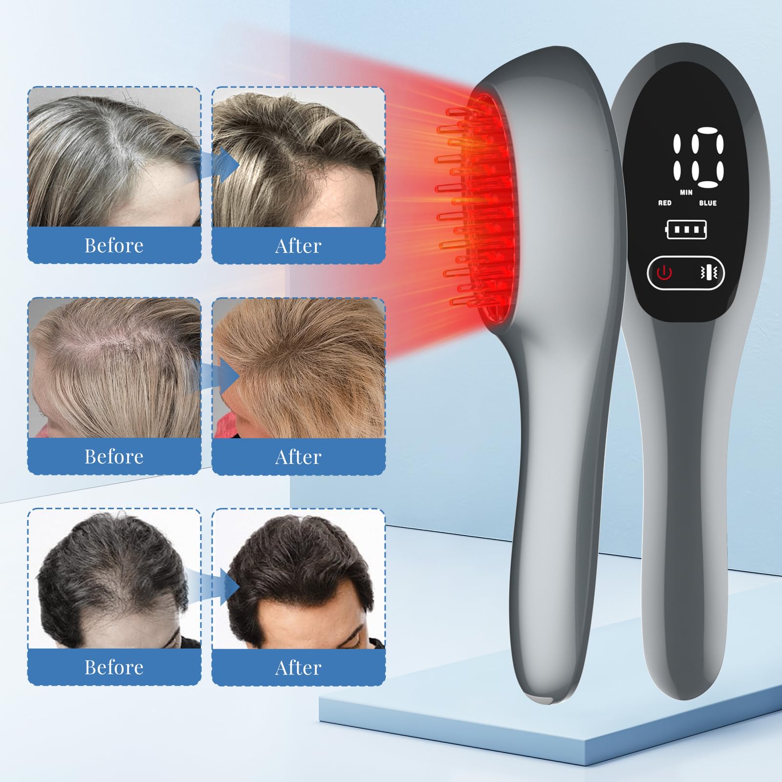 Jitesy hair growth treatment brush being used on the scalp to demonstrate the dual vibration massage feature.