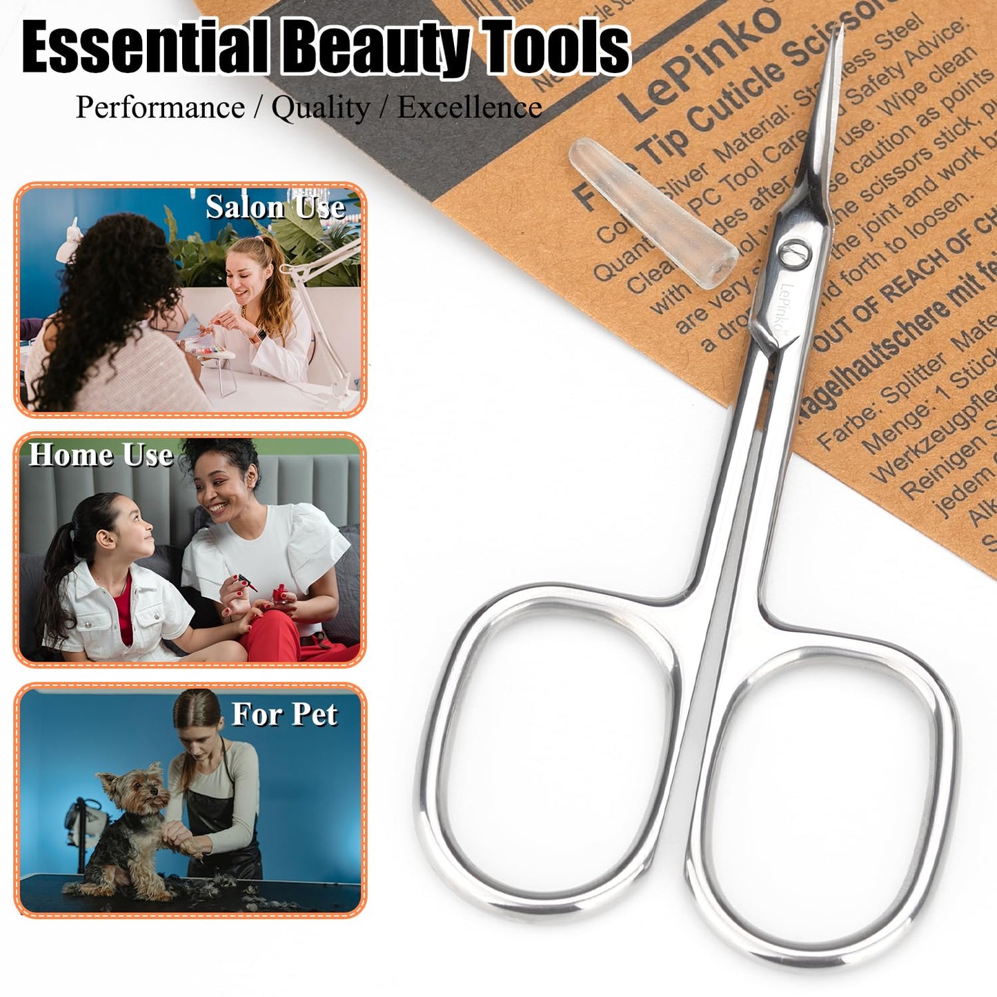 LePinko surgical grade steel scissors showing the professional manual sharpening on cutting edges.