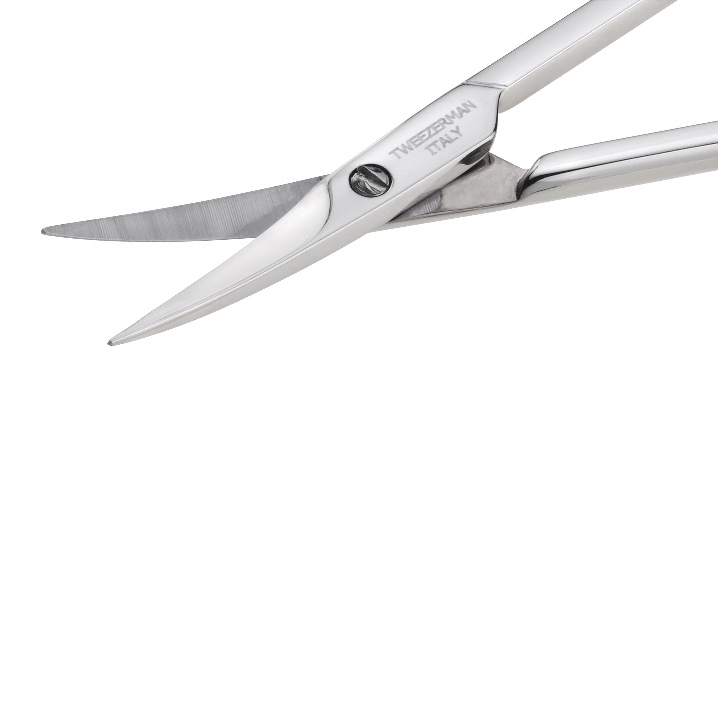 Close up angle of Tweezerman stainless steel cuticle nail scissors emphasizing the ultra fine sharp blades