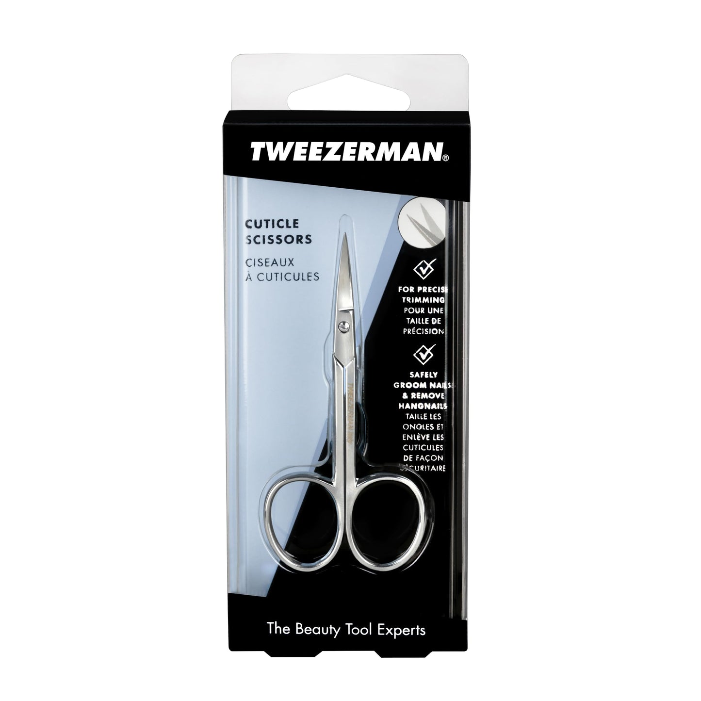 Authentic USA imported Tweezerman professional cuticle trimming scissors showcased on a clean background
