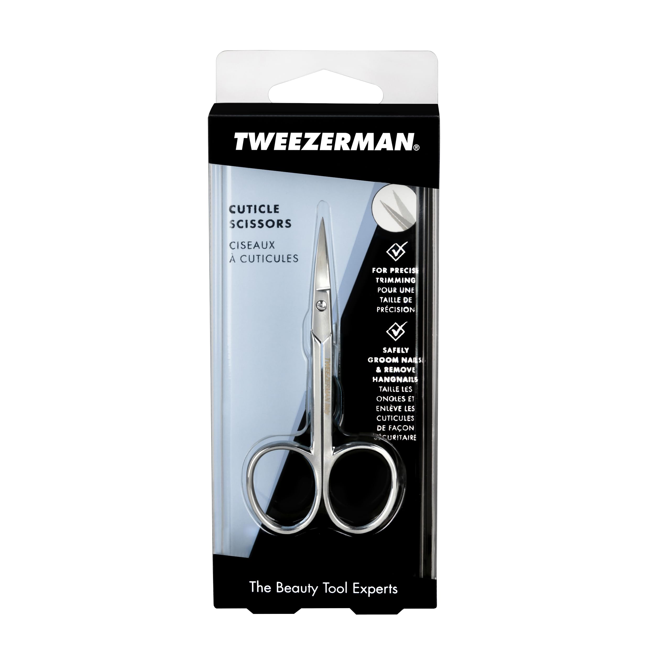 Authentic USA imported Tweezerman professional cuticle trimming scissors showcased on a clean background