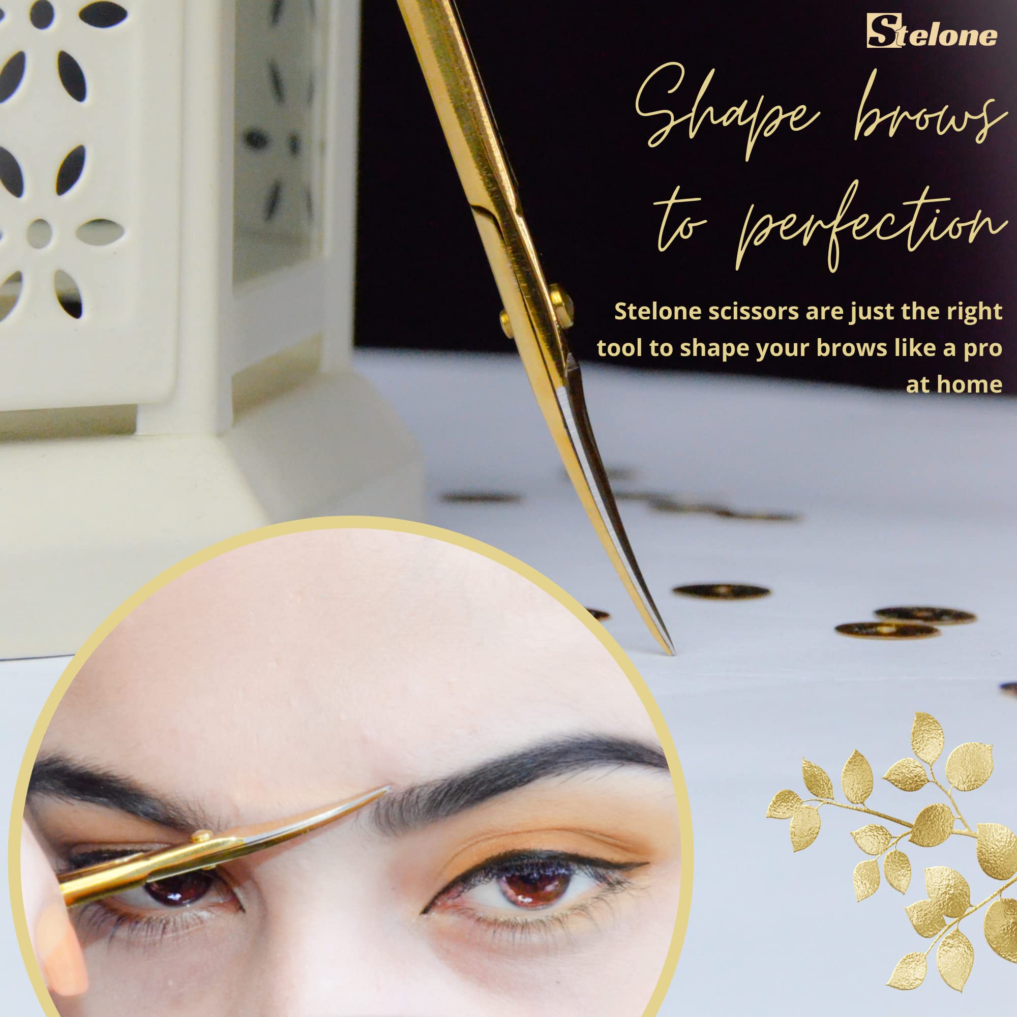 Stelone premium beauty scissors close up view highlighting the ergonomic rounded finger holes and firm grip design.