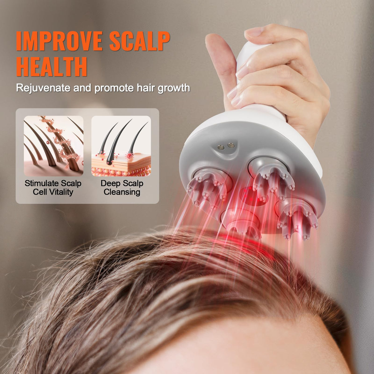 Vevor cordless head massager positioned on its USB charging station base