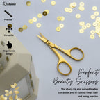 Stelone gold plated eyebrow scissors side profile showcasing the precise curvature of the stainless steel blades.