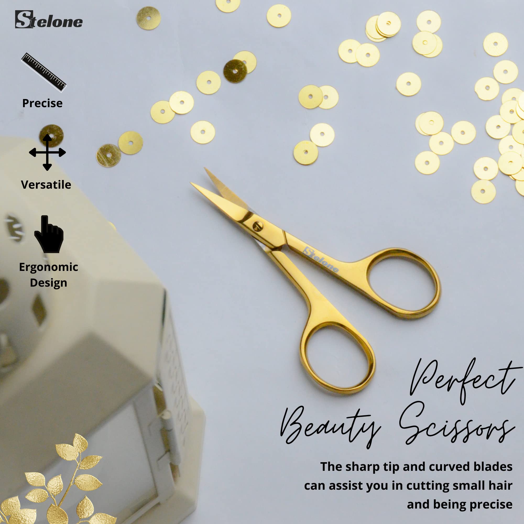 Stelone gold plated eyebrow scissors side profile showcasing the precise curvature of the stainless steel blades.