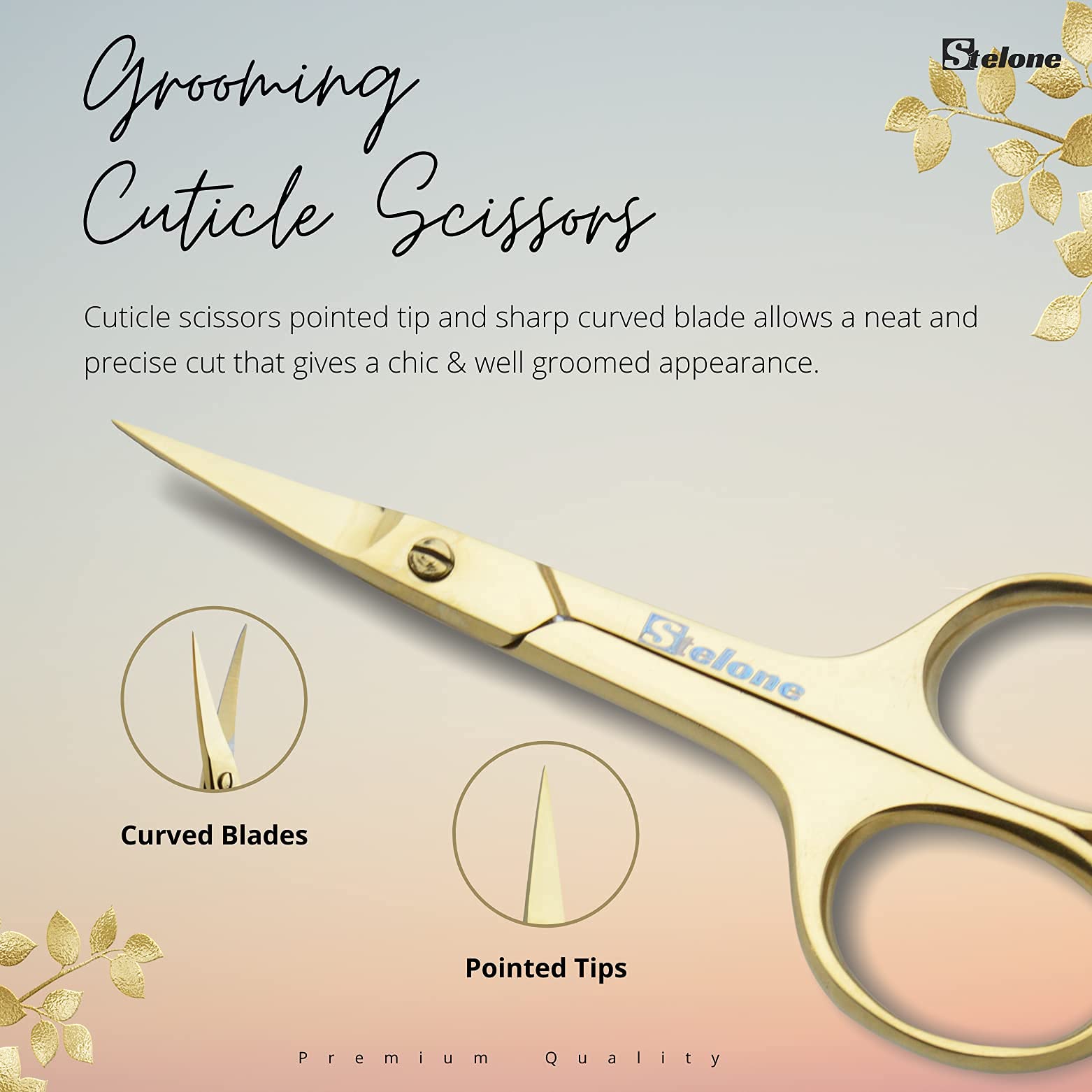 Stelone multi purpose facial hair scissors displayed flat to show the compact travel friendly size for women.