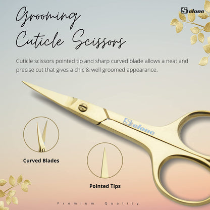 Stelone multi purpose facial hair scissors displayed flat to show the compact travel friendly size for women.